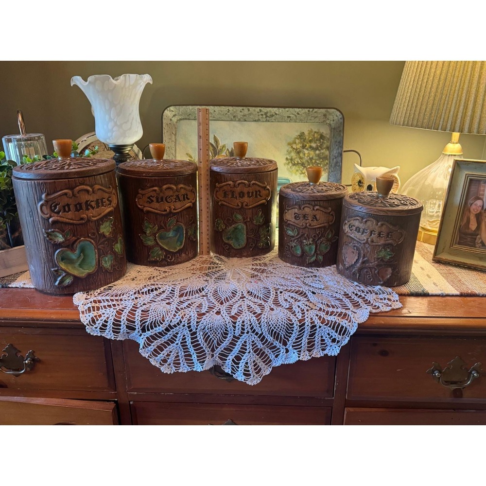 Vintage Treasure Craft Ceramic Canister Set 5pc Wood Grain Fruit Brown Green